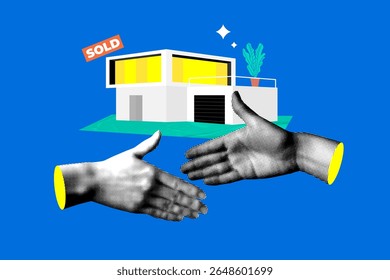 Handshake in front of a modern house. Buying real estate. Halftone hands reach out to each other. House sold. Closing the deal. Loan, mortgage approval. Modern collage