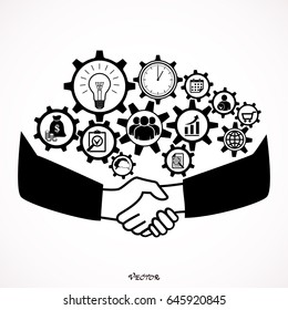 Handshake, gears. Flat design illustration concepts for business process. 