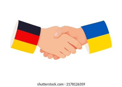 Handshake of Germany and Ukraine. Symbol of help, military and economic support. Vector icon of meeting and talks between German and Ukrainian leaders. Two hands with sleeves are decorated with flags
