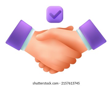 Handshake Gesture 3D Cartoon Stil Symbol. Geschäftsleute oder Partner, die Hand schütteln, erfolgreiche Deal flach Vektorgrafik, Partnerschaft, Vereinbarung, Teamwork-Konzept