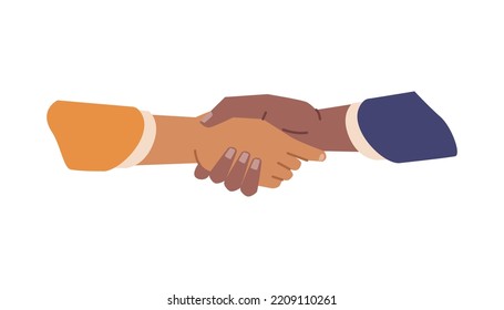 Handshake gesture of business workers, partners or friends. People shaking hands, greeting or making agreements at work, successful deal. Vector in flat style