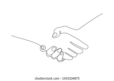 Handshake gesture in continuous line drawing style. Partnership and agreement sign black line sketch on white background. Vector illustration