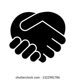 Handshake gesture glyph icon. Silhouette symbol. Shaking hands emoji. Friends meeting. Agreement, deal, contract. Trust. Negative space. Vector isolated illustration