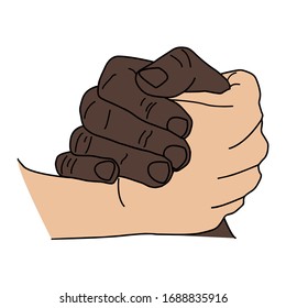 Handshake gesture isolated on white background.Multiracial holding hands, peace,friendship concept between multi ethnic people.Handshake gesture, white caucasian and black african american hand.Vector