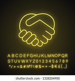 Handshake gesture neon light icon. Shaking hands emoji. Friends meeting. Agreement, deal, contract. Trust. Glowing sign with alphabet, numbers and symbols. Vector isolated illustration