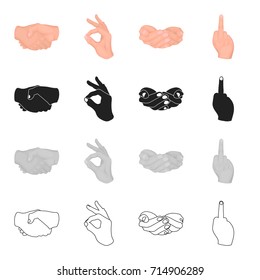 Handshake, gesture ok and others. Gestures set collection icons in cartoon black monochrome outline style vector symbol stock illustration web.