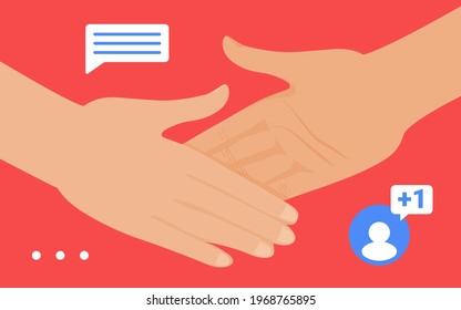 Handshake gesture, social media network concept vector illustration. Cartoon friend, follower or partner two human hands handshaking, friendship partnership support, social collaboration background