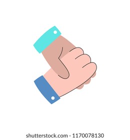 Handshake gesture vector illustration with two human hands in business suits shaking symbol in modern flat style isolated on white background - greeting or business deal concept.