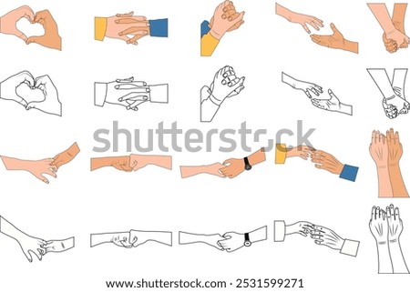 Handshake gestures vector outline illustration icon set. Color Filled with line art set of human hands and fingers showing different signs, emotions, directions on a isolated white background.