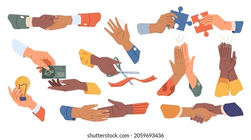 Handshake, giving high five, applauding, greeting hands making puzzle isolated cartoon set. Vector arm cutting ribbon project start, lamp in hands symbol of new idea, card payment or loan, cooperation