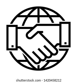 Handshake with global, business deal  icon. Simple design. Line vector. Isolate on white background.