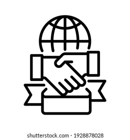 Handshake with global and ribbon. Line vector. Isolated on white background.