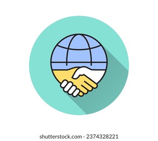 Handshake with globe flat icon. Simple illustration with long shadow for graphic and web design.