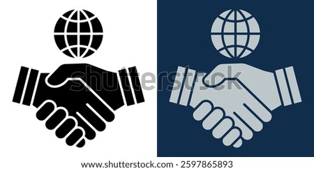 Handshake and Globe. Icon of Handshake with Globe, symbolizing international cooperation, global business, partnership, and corporate interaction. Perfect for branding and business design.