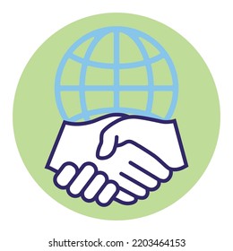 Handshake and globe line icon. International agreement concept. World partnership linear symbol. Vector isolated on white.