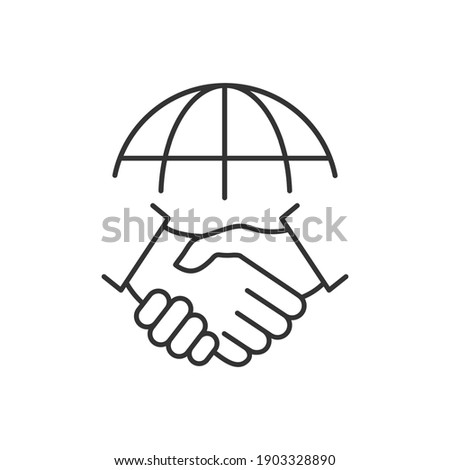 Handshake and globe line icon. International agreement concept. World partnership linear symbol. Vector isolated on white.