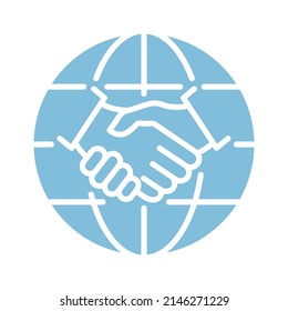 Handshake and globe silhouette icon. World partnership blue linear symbol. Vector isolated on white.