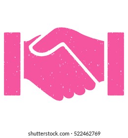 Handshake grainy textured icon for overlay watermark stamps. Flat symbol with dust texture. Dotted vector pink ink rubber seal stamp with grunge design on a white background.