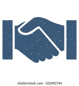 Handshake grainy textured icon for overlay watermark stamps. Flat symbol with unclean texture. Dotted vector blue ink rubber seal stamp with grunge design on a white background.