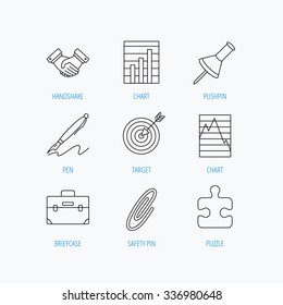 Handshake, graph charts and target icons. Puzzle, pushpin and safety pin linear signs. Briefcase and pen flat line icons. Linear set icons on white background.