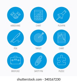 Handshake, graph charts and target icons. Puzzle, pushpin and safety pin linear signs. Briefcase and pen flat line icons. Blue circle buttons set. Linear icons.