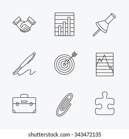 Handshake, graph charts and target icons. Puzzle, pushpin and safety pin linear signs. Briefcase and pen flat line icons. Linear black icons on white background.