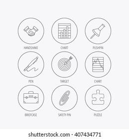 Handshake, graph charts and target icons. Puzzle, pushpin and safety pin linear signs. Briefcase and pen flat line icons. Linear colored in circle edge icons.