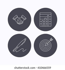 Handshake, graph charts and target icons. Pen linear sign. Flat icons in circle buttons on white background. Vector