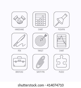 Handshake, graph charts and target icons. Puzzle, pushpin and safety pin linear signs. Briefcase and pen flat line icons. Flat linear icons in squares on white background. Vector