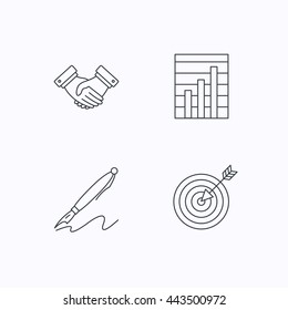 Handshake, graph charts and target icons. Pen linear sign. Flat linear icons on white background. Vector