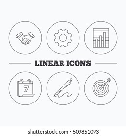 Handshake, graph charts and target icons. Pen linear sign. Flat cogwheel and calendar symbols. Linear icons in circle buttons. Vector