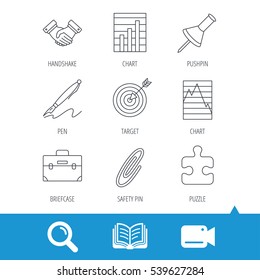 Handshake, graph charts and target icons. Puzzle, pushpin and safety pin linear signs. Briefcase and pen flat line icons. Video cam, book and magnifier search icons. Vector