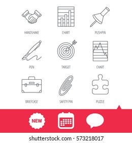 Handshake, graph charts and target icons. Puzzle, pushpin and safety pin linear signs. Briefcase and pen flat line icons. New tag, speech bubble and calendar web icons. Vector