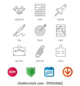 Handshake, graph charts and target icons. Puzzle, pushpin and safety pin linear signs. Briefcase and pen flat line icons. New tag, shield and calendar web icons. Download arrow. Vector