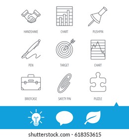 Handshake, graph charts and target icons. Puzzle, pushpin and safety pin linear signs. Briefcase and pen flat line icons. Light bulb, speech bubble and leaf web icons. Vector