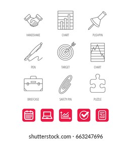 Handshake, graph charts and target icons. Puzzle, pushpin and safety pin linear signs. Briefcase and pen flat line icons. Report document, Graph chart and Calendar signs. Laptop and Check web icons