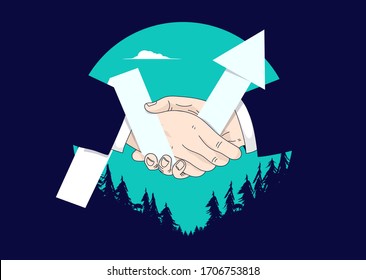 Handshake with graph - Two hands shaking over a deal and an upward pointing arrow shows growth. Teamwork, professional partners, business success and agreement concept. Vector illustration.