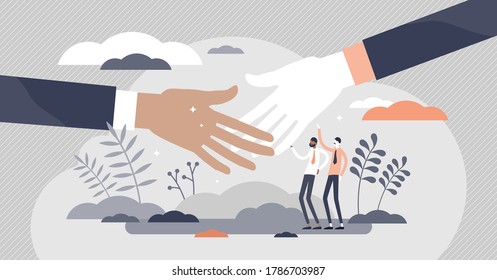 Handshake greeting as business deal communication flat tiny person concept. Partner successful agreement gesture vector illustration. Relationship or trust approval with hands connection process scene