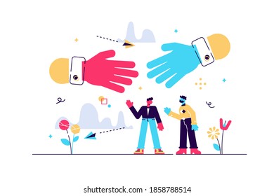 Handshake greeting as business deal communication flat tiny person concept. Partner successful agreement gesture vector illustration. Relationship or trust approval with hands connection process scene