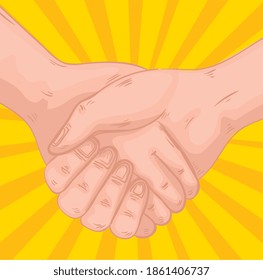 handshake Grußausdruck auf gelbem Hintergrund, Vektorgrafik-Design