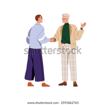 Handshake greeting, welcoming. Young and old men shaking hands in business communication. Professionals, senior older and younger partners. Flat vector illustration isolated on white background