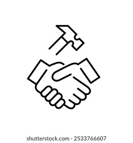 Handshake and hammer. Partnership in progress, collaboration and agreement between contractors or partners in building projects. Pixel perfect, editable stroke icon