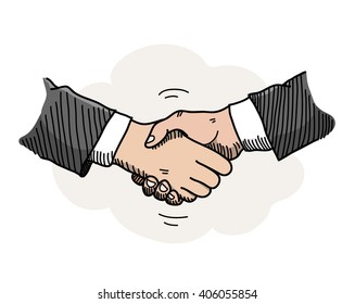 Handshake, a hand drawn vector doodle illustration of hands shaking to a mutual agreement in a business partnership.