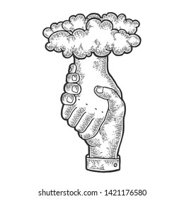 Handshake with hand of God sketch engraving vector illustration. Scratch board style imitation. Black and white hand drawn image.