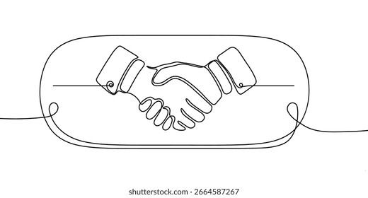 Handshake hand line continuous people business outline partnership vector together. Hand line handshake concept art trust deal agreement one illustration sketch isolated background work team man.