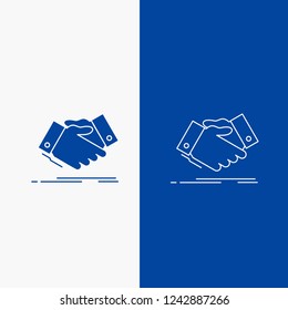 handshake, hand shake, shaking hand, Agreement, business Line and Glyph web Button in Blue color Vertical Banner for UI and UX, website or mobile application
