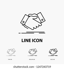 handshake, hand shake, shaking hand, Agreement, business Icon in Thin, Regular and Bold Line Style. Vector illustration