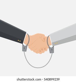 Handshake with handcuffs on hands. Flat design,vector eps10,agreement isolated studio on white background.