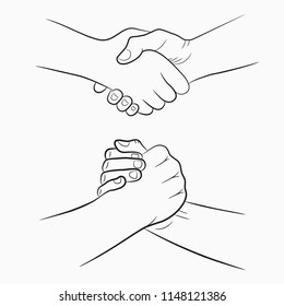 Handshake hand-drawn signs set. Brotherly and friendly drawing shake hands. Vector illustration. 