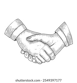 Apretón de manos, Vector dibujado a mano, estilo gráfico, ilustración de dibujos animados, blanco y negro